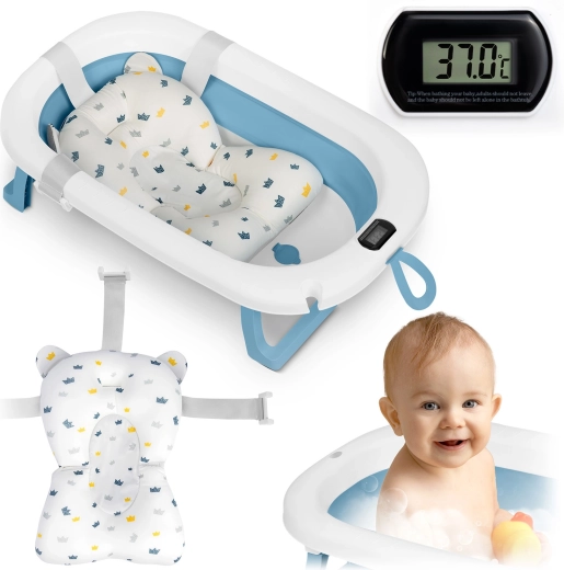 Opvouwbaar babybadje met thermometer en newborn-inzet, wit-blauw