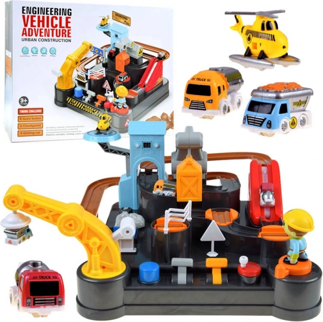 Mechanische bouwbaan met autootjes en helikopter