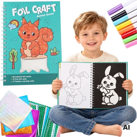 Woopie creatieve set met foliecollage en kleurplaten Dierenwereld, 121 onderdelen
