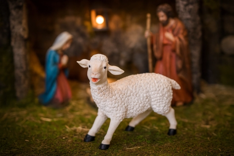 Decoratief polyresin schaap 29 cm voor kerststal en kerstdecoratie