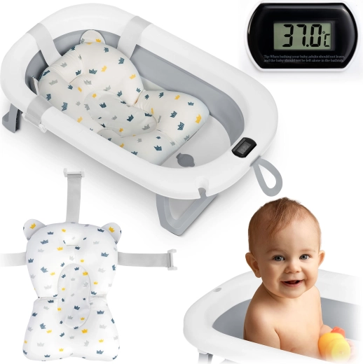 Opvouwbaar babybadje met thermometer en inleg van Ricokids, wit/grijs