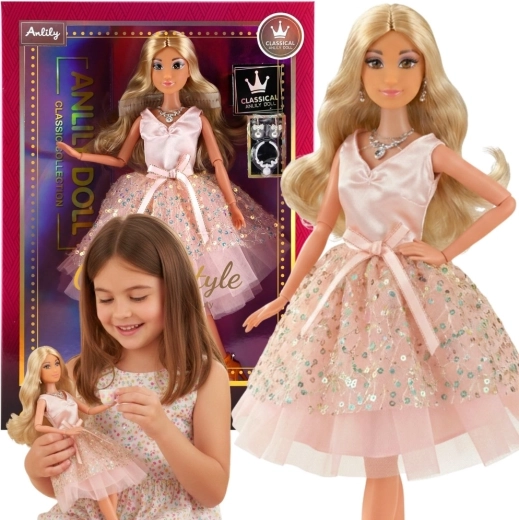 Woopie Royal Lily-pop met lang blond haar in een roze jurk, 30 cm