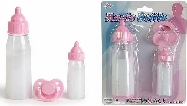 Roze set voor poppen: 2 flesjes en een fopspeen