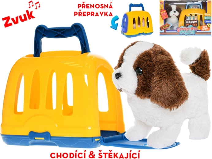 Pluchen hondje in reismand, loopt en blaft, 19 cm