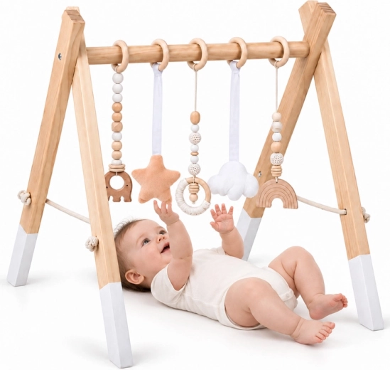 Houten babygym Baby Gym met 5 hangende speeltjes voor baby's