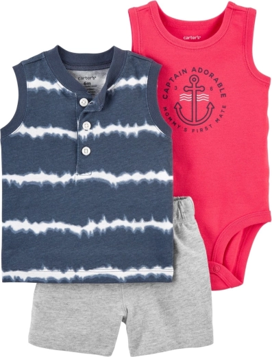 Carter’s 3-delige zomerset voor jongens – romperhemdje, mouwloos T-shirt en korte broek, blauw (maat 62 / 3 m)