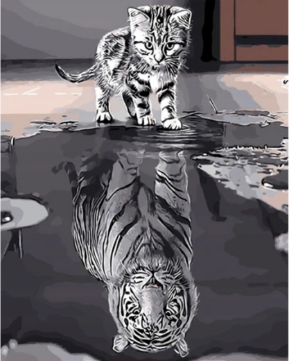 Diamantborduren (diamond painting) spiegelreflectie – kitten en tijger - 1 stuk