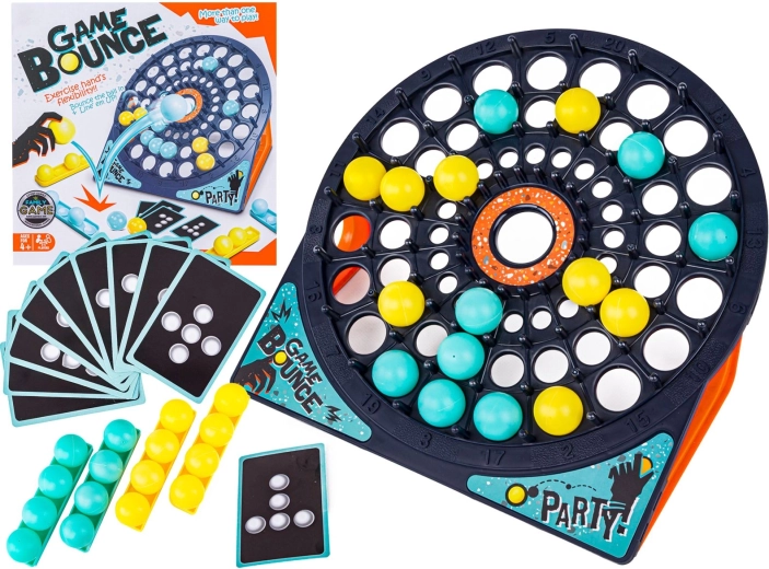 Familie behendigheidsspel Bounce game met doelbord, kaarten en balletjes