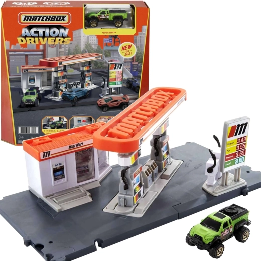 Matchbox Action Drivers tankstation met Questor-auto