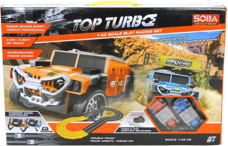 Racebaan 3 m met twee terreinauto’s, adapter en stuurwielcontrollers met geluid