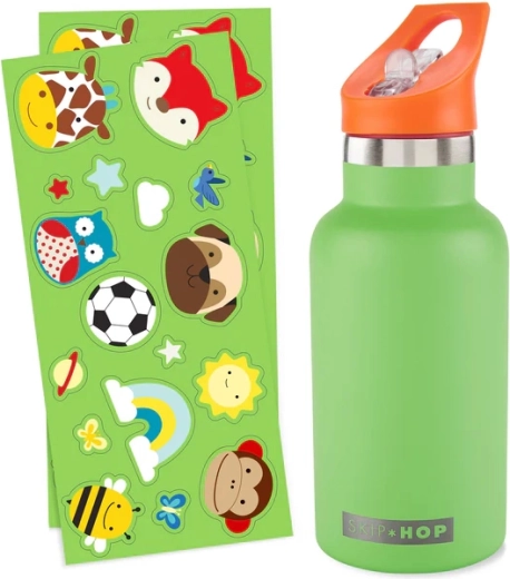 Skip Hop roestvrijstalen fles met rietje en stickers groen 380 ml