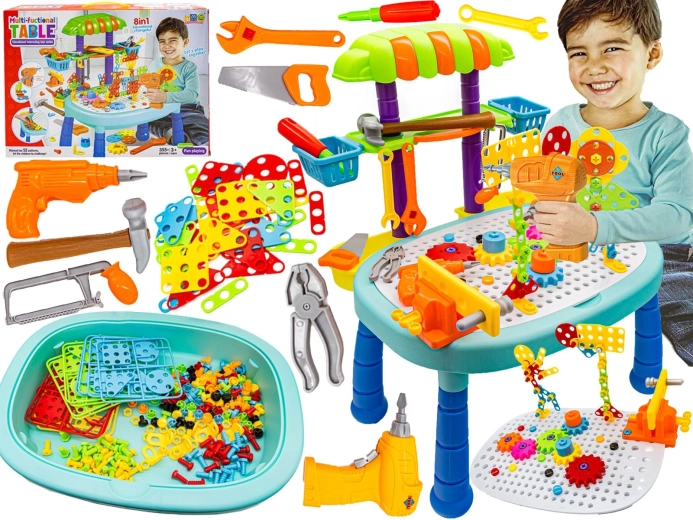 Multifunctioneel kinderwerkbankje met gereedschap, accu-schroevendraaier en creatieve mozaïek, 355 delen