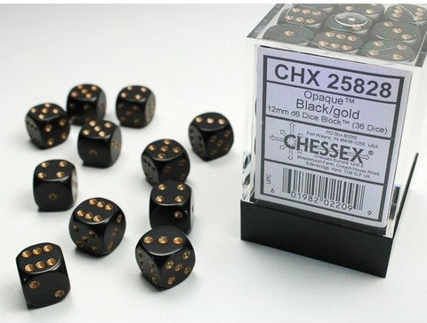 Chessex opaque zwarte/gouden d6-dobbelstenen 12 mm (36 st.)
