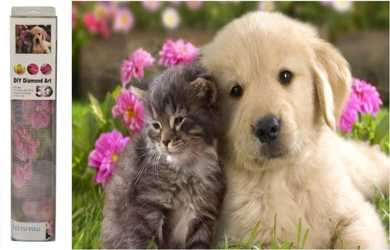 Diamanten mozaïek hond en kat