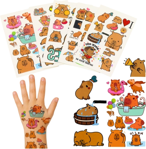 Set tijdelijke afwasbare kindertatoeages capibara (10 vellen)