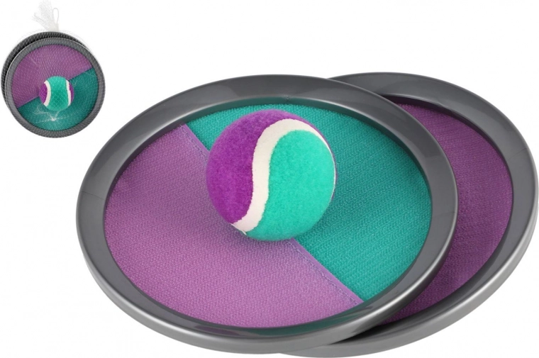 Catch ball spel met klittenband 19 cm – groen‑paars, in netje