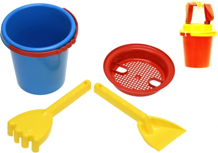 Kinderset voor in het zand in net (emmer, zeef, schep, harkje) 14 cm