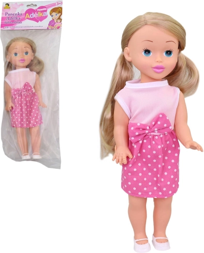 Pop Adélka 34 cm in roze zomerkleding met een gestippelde rok
