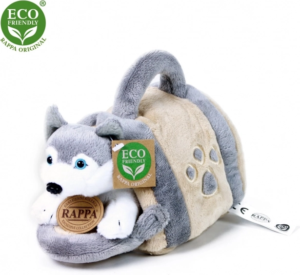 Pluchen husky met draagbare hondenhok 13 cm eco-friendly