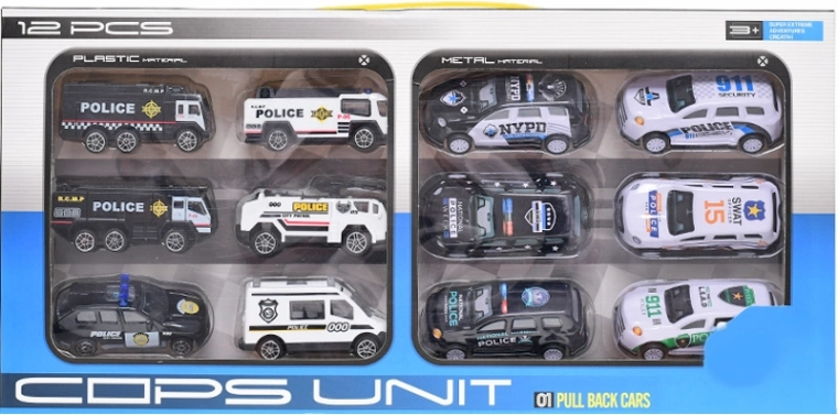 Set van 12 politieautootjes met vrije en terugtrek‑aandrijving