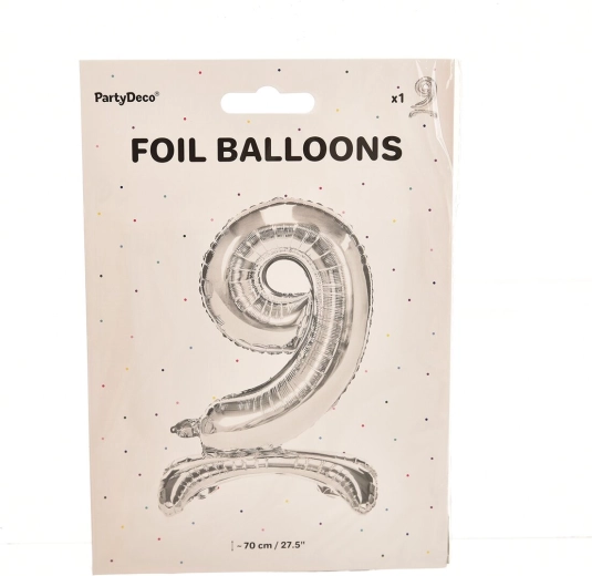 Staande folieballon cijfer 9 zilver 70 cm