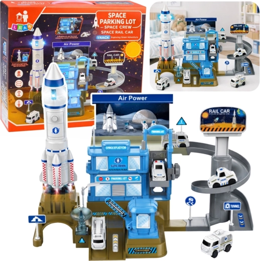 Interactief ruimtestation met raket en meerlaags parkeergarage met licht en geluid