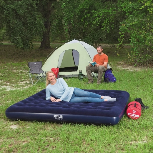 Dubbel luchtbed met velours oppervlak, blauw, 203 × 183 × 22 cm