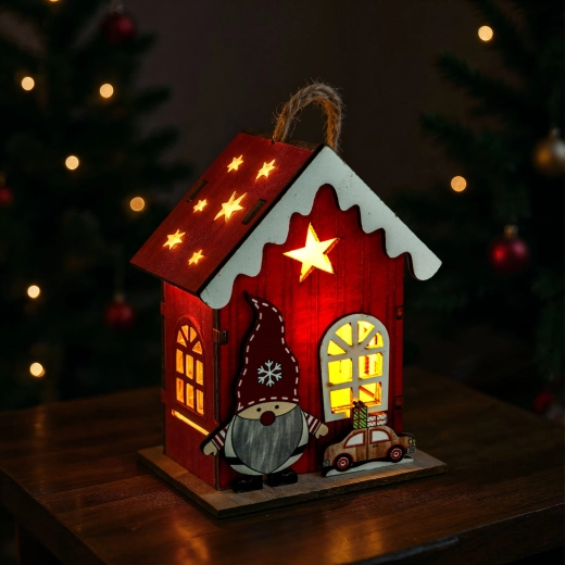 Kerstdecoratie van LED, huisje met kabouter, rood - 1 stuk
