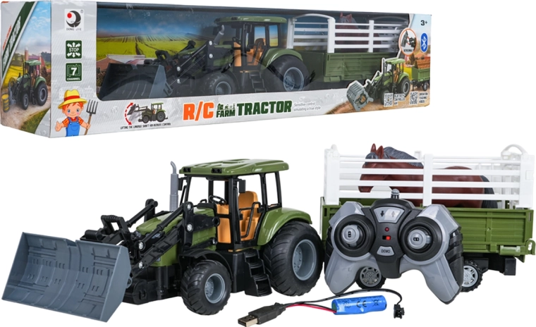 Groene op afstand bestuurbare tractor met laadschop, aanhanger en paard 1:20