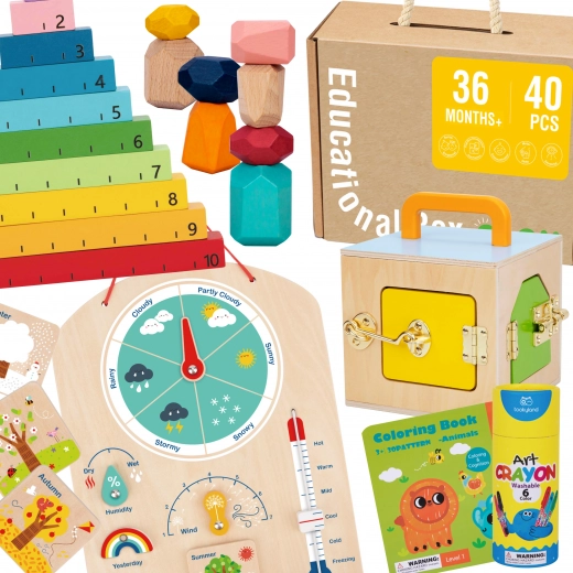 Tooky Toy Montessori educatieve box 6-in-1: slotenbox, balansstenen, weerbord, tellen 1–10, kleurplaten en boekje