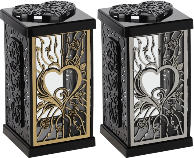 Lantaarn 30 cm met grote roos, zwart‑zilver / zwart‑goud