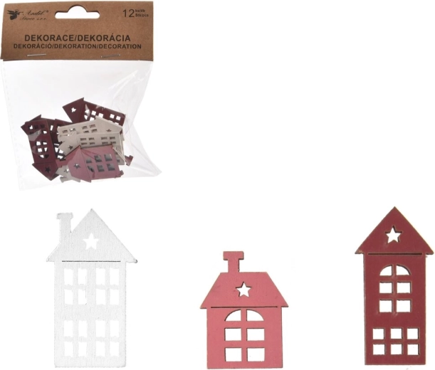 Houten decoratief huisje roze-wit 4 cm (12 stuks)