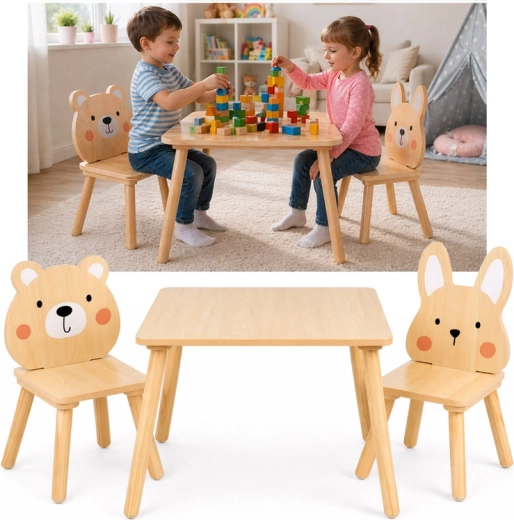 Houten kindertafeltje met twee stoeltjes, beertje en konijntje