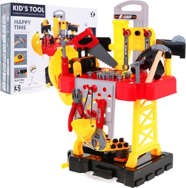 Kindergereedschapsset 3-in-1 – koffer, werkbank en bouwmeesterkostuum, 85 st.