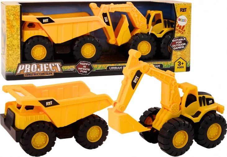 Bouwmachines set: graafmachine kiepwagen verhuizing geel