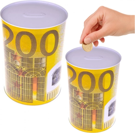 Metalen spaarpot in de vorm van een blikje met 200 euro bankbiljetmotief