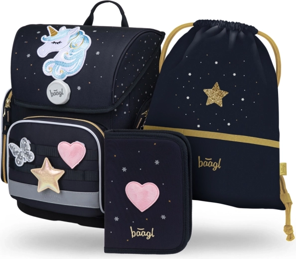 Školní set BAAGL Ergo Unicorn Gold – schooltas, etui en gymzak