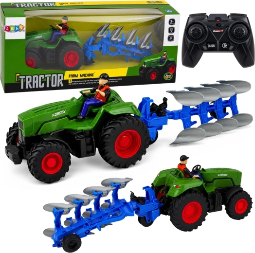 Groene RC landbouwtractor met ploeg en boer 1:24