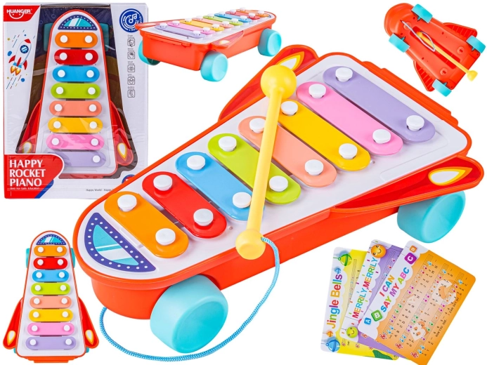 Kinderxylofoon op wieltjes in de vorm van een raket - 1 stuk