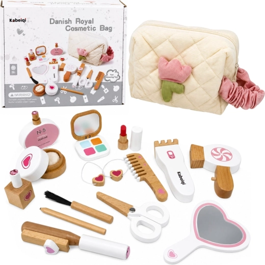 Houten make-upset voor kinderen met cosmeticatas (16 stuks)