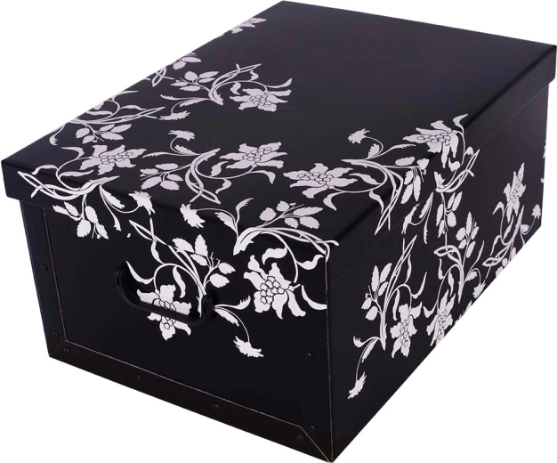 Kartonnen opbergdoos midi barokbloemen zwart