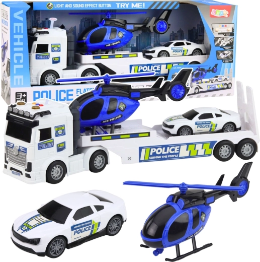 Politietransportwagen met autotransporter, auto en helikopter met licht en geluid