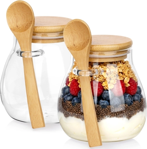 Glazen bekers voor yoghurt en desserts met bamboe deksel en lepeltje, 440 ml, 2 stuks