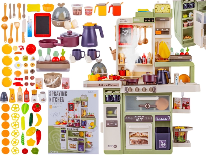 Multifunctionele kinderkeuken met stoom en geluiden, met oven, gootsteen en 104 accessoires