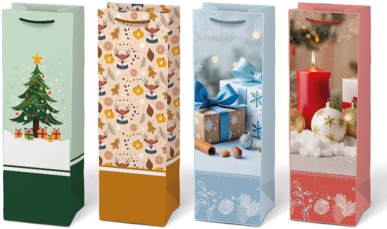 Kerstcadeauzak van papier voor een fles met opdruk - 1 stuk