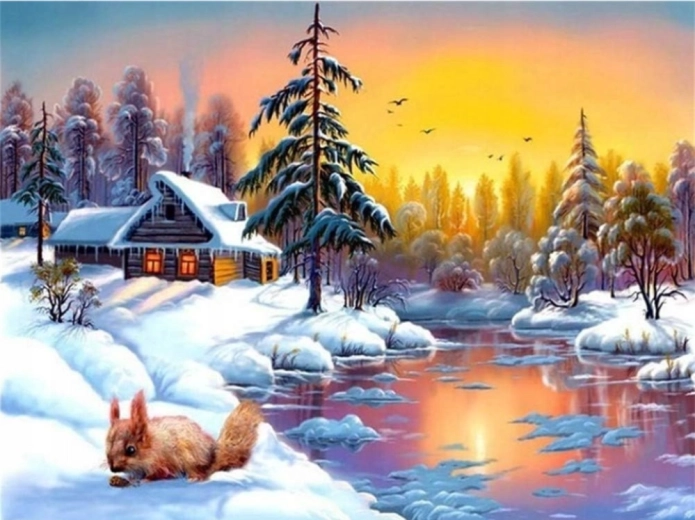 Norimpex diamant schilderen winterhuis aan het meer met eekhoorns 30 × 40 cm