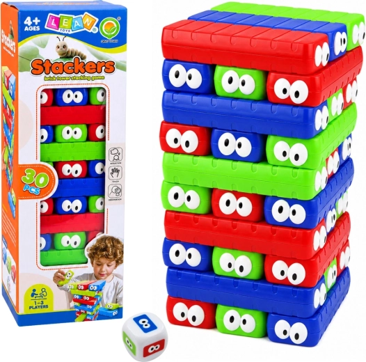 Familie behendigheidsspel Stackers – toren van kleurrijke blokken met oogjes (30 stuks)