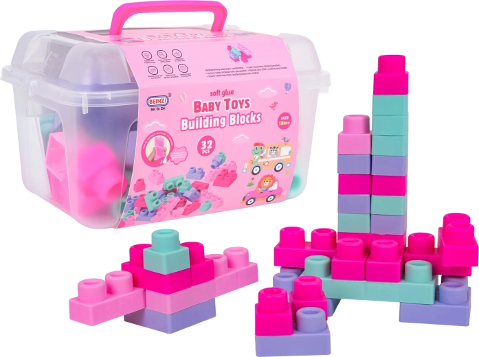 Set van zachte bouwstenen 32 stuks roze met koffertje
