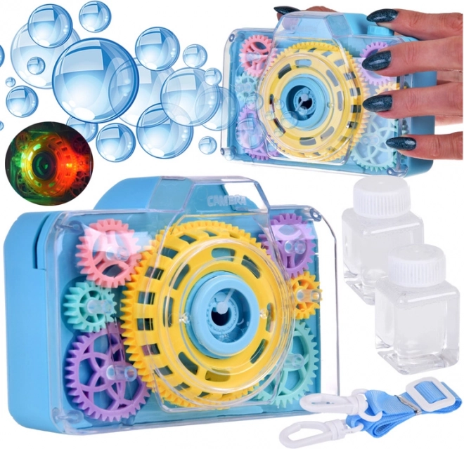 Bellenblaascamera voor kinderen met zichtbare tandwielen en lichteffecten – Blauw