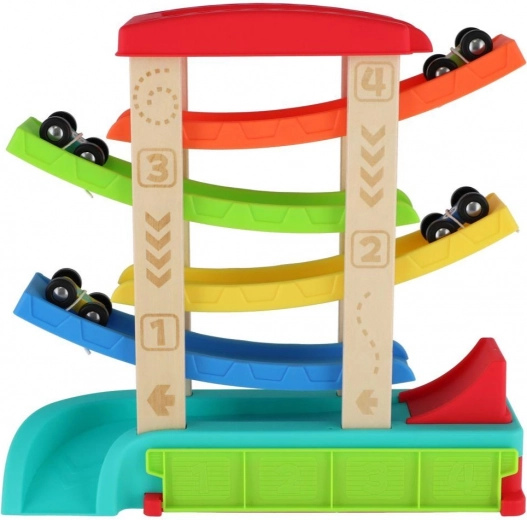 Cascade racebaan voor auto’s met 4 wagens, hout en kunststof, 33 × 32 × 10 cm